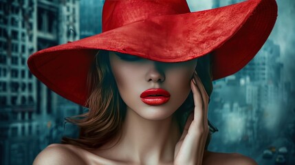 Beautiful Woman model with an elegant red round hat is enchanting AI generated image