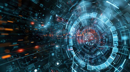 Fototapeta premium Abstract Digital Technology Background with Futuristic Blue and Black Circuit Lines and Binary Code Patterns