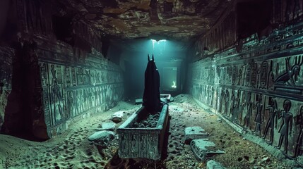 Anubis, the Egyptian god of the afterlife, stands guard in a dark tomb. The scene evokes mystery and judgment, with a sarcophagus and hieroglyphs hinting at ancient rituals.