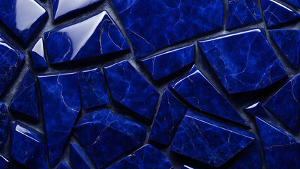 A blue mosaic with a lot of cracks and pieces