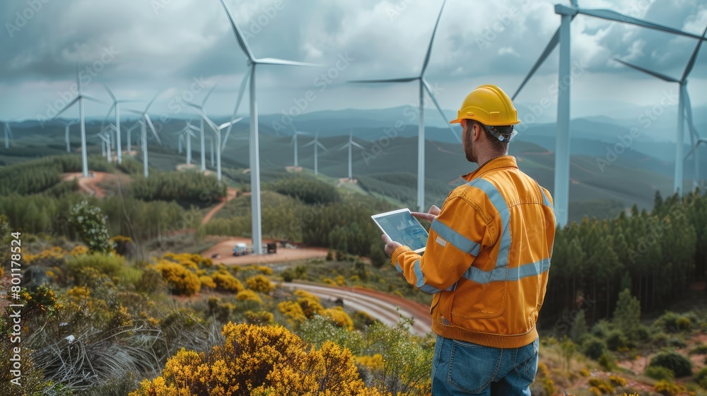 Poster An engineer inspects wind turbines using a tablet computer. Generative AI.