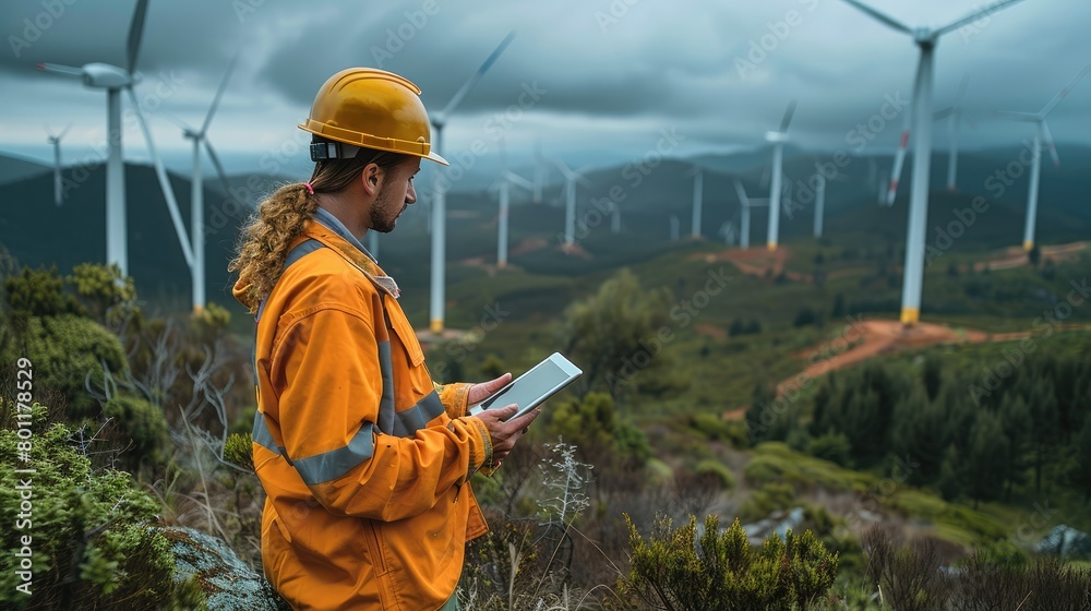 Poster An engineer inspects wind turbines using a tablet computer. Generative AI.