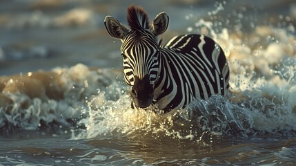 Fototapeta premium A tight shot of a zebra submerged in water, surrounded by splashes on its sides