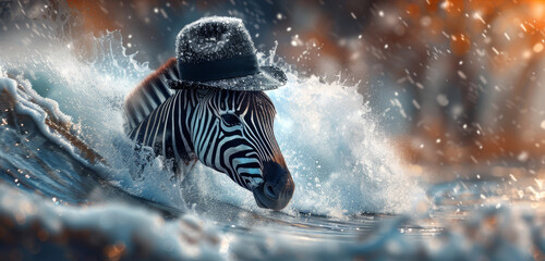 Fototapeta premium A zebra, painted with a hat, atop a surfboard in the ocean, surrounded by a water splash