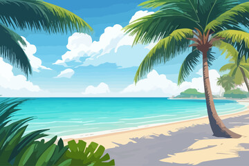 calm sea beach palms cartoon illustration 