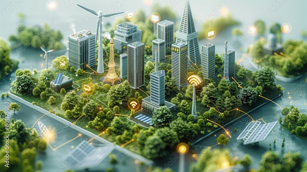 Aufkleber Decarbonization roadmap for a European city made of data on top of a square data router box. a data points floating around solar panels and wind turbine. isometric. Generative AI.