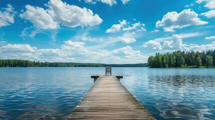 Fototapeta premium Landscape with a long wooden pier with chairs for fishing and relaxing enjoying the lake view