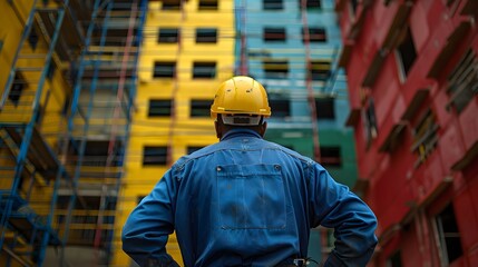 Worker with his back to a colourful building in need of renovation. Concept: construction