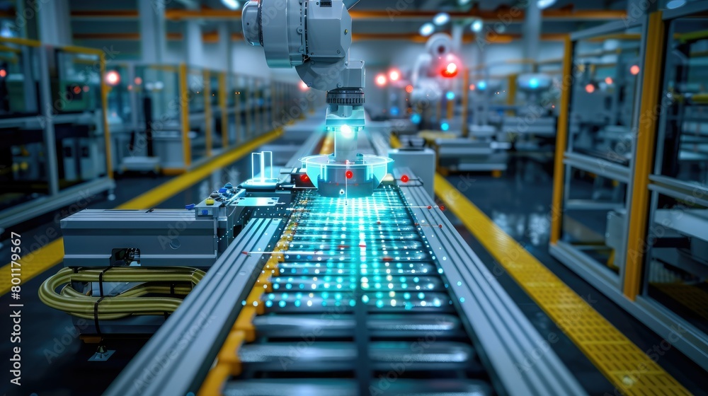 Poster High-tech manufacturing line enhanced with digital twin solutions. Generative AI.