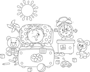Little boy awaking up in his pretty small bed among toys after merry rings of a funny alarm clock in a nursery room on a sunny morning, black and white vector cartoon illustration