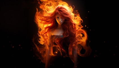 Flaming beauty asian woman set against a black background. Supernatural woman on fire. Fiery long hair. Walking trough the fire. Also related to: Resilience, Scald, Brand, Hellish, Fume, Ashen