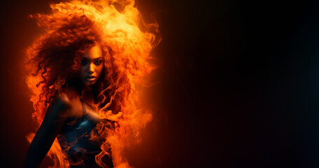 Flaming beauty african american woman of color. Supernatural woman on fire. Fiery long hair. Walking trough the fire. Ethnic woman. Also related to: 