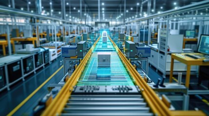 High-tech manufacturing line enhanced with digital twin solutions. Generative AI.