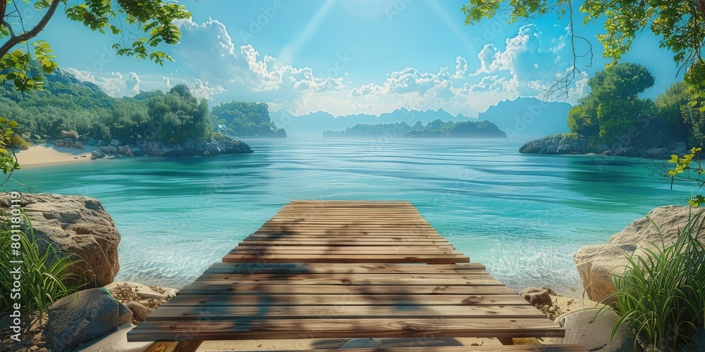 Poster a horizontal wooden plank bridge is in front of the scene. behind are beautiful beaches and islands.