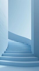 A white stairway with a blue wall and light coming from the top, AI