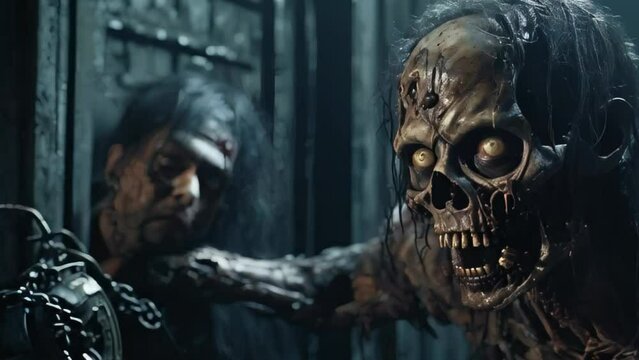 A hungry zombie with crazy eyes tries to break through the door and get closer to the victim