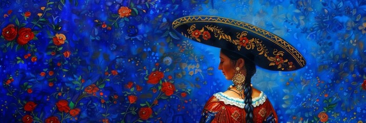 Latin woman wearing traditional Mexican dress. Mexican culture concept. Folkloric dance in Mexico. Cinco de Mayo. Hispanic heritage month