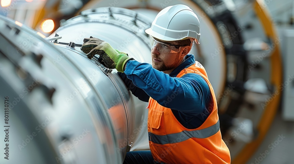 Poster an engineer repairing the blade of a wind turbine. the focus should be on the engineer's hands and t