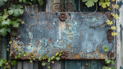 Blank mockup of a rustic metal wine vineyard entrance sign with worn lettering and a scrolling g vine design. .