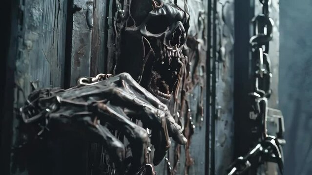 A zombie's hand is trying to open the door and get to the victim
