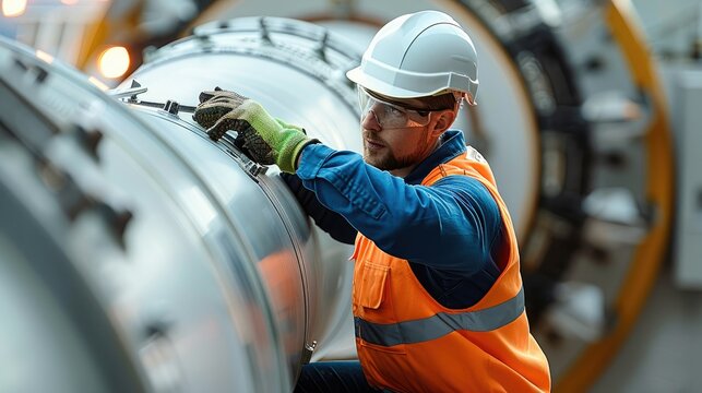 An engineer repairing the blade of a wind turbine. The focus should be on the engineer's hands and tools as they work on the intricate mechanics of the turbine blade. Generative AI.