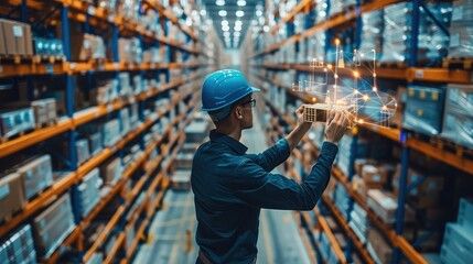 Fototapeta premium Engineer at work, Smart warehouse management system with innovative internet of things technology. Generative AI.