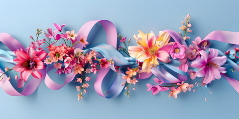flowers and butterflies, A blue and pink ribbon with a bow on a blue background
