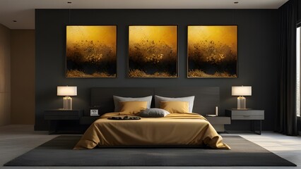 3 Wall Art Mockup, Interior Design of Bedroom Black and Golden Theme, Bedroom Wall Art Mockup