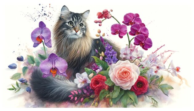Watercolor painting of a Norwegian Forest Cat with Flowers