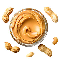Creamy peanut butter in glass bowl and peanut isolated on transparent background Generative Ai.