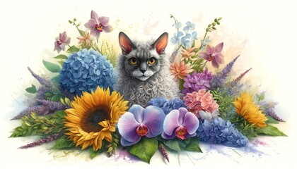 Watercolor painting of a Selkirk Rex Cat with flowers