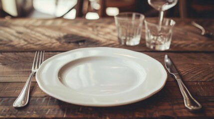 Empty white plate on table with fork and knife
