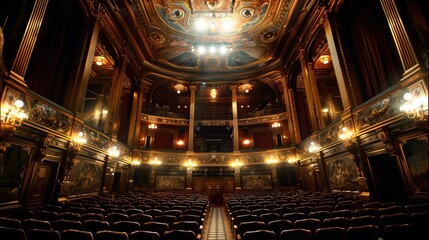 Obraz premium Grand Theater, black gold, super wide angle, magnificent perspective. Generative AI.