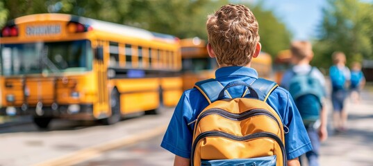 Child with backpack walking towards school bus from behind, ready for a day of learning