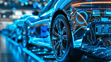 Fototapeta premium EV electric car system or futuristic automotive technology with connecting power control.&nbsp;super computer in modern machine.&nbsp;artificial intelligence development