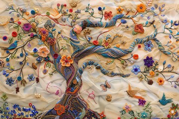 Art piece using embroidered thread and silk ribbons, incorporating French knots and various buttons. The artwork should feature a vibrant and intricate Tree of Life