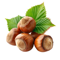 Group of hazelnuts with green leaves isolated on transparent background Generative Ai.