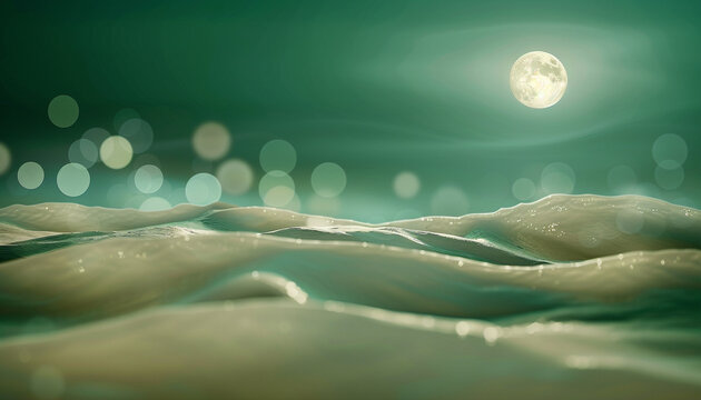 An abstract background in cool jade and ivory, where defocused lights resemble gentle waves lapping at the shores of a dreamy, moonlit island. The scene is tranquil and soothing.