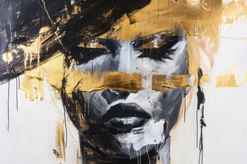 Abstract painting using acrylic paints on a white canvas, depicting a stylized woman. The woman, depicted in black, should be adorned with scratched lines and patterns that evoke a sense of movement a