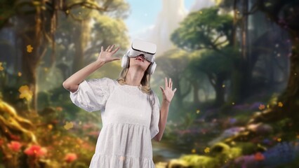 Woman in white dress looking around by VR glasses surrounded enchanted wonderful fairytale forest...