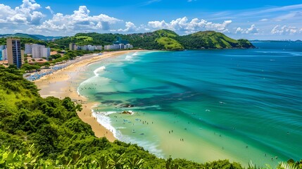 Obraz premium Tropical beach paradise with clear blue water and lush greenery. A serene holiday destination. Perfect for travel and nature themes. AI