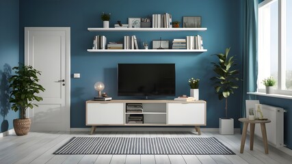 modern white room interior with shelves and blue walls,