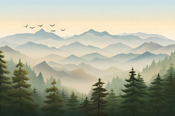 Misty Morning, Foggy Hills with Hemlock Trees. Realistic hills landscape. Vector background