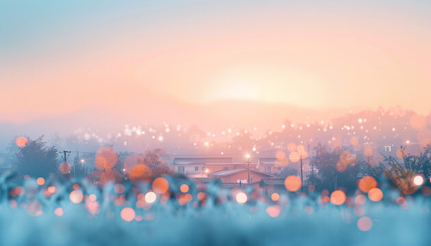 An abstract landscape in powder blue and peach, where defocused lights mimic the soft, comforting glow of dawn breaking over a sleepy town. The mood is peaceful and hopeful.