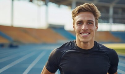Portrait of a happy athlete man running in a stadium. The concept of outdoor sport, exercise or training for a healthy life. 
