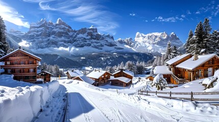 Fototapeta premium Scenic Winter Wonderland with Snow-Covered Chalets and Majestic Mountain Backdrop. Ideal for Holiday Postcards and Seasonal Wallpapers. Tranquil Alpine Village Awaits Discovery. AI