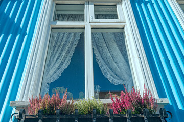 window with cute curtains and flowers in a flowerpot outside the window. traditional look. Iceland.