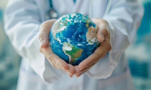 Medical doctor carefully holds the Globe in his hand. The concept of World Health Day.