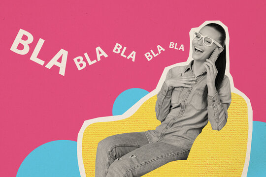 Composite trend artwork sketch image 3D photo collage of young lady sit armchair hold hand smartphone talk happy bla friendly smalltalk