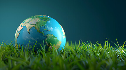3D illustration of Earth surrounded by green grass on blue background, World environment day concept